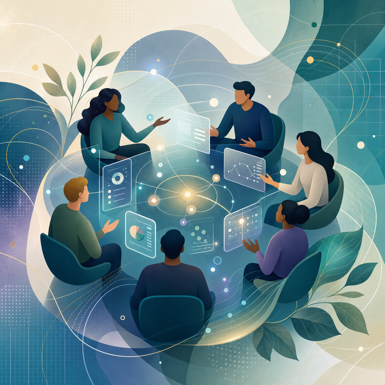 Abstract conversation circle with interface dashboards and shared idea nodes